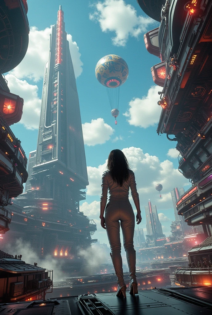 There's a woman in a futuristic dress in front of a bunch of people, large dieselpunk flying airships, drible, inspirado em Gil Elvgren, fantasia paladin mulher, inspirado por Mark Brooks, [ Bolhas, portrait of helen of troy, sci - fi : :, Armadura dourada