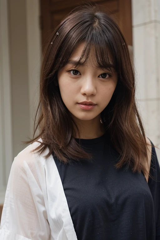 arafed asian woman with long brown hair and a gray top, chiho, portrait of a japanese teen, 奈良美智, the hime cut, sui ishida with black hair, of a youthful japanese girl, black hime cut hair, young gravure idol, beautiful japanese girls face, girl cute-fine-face