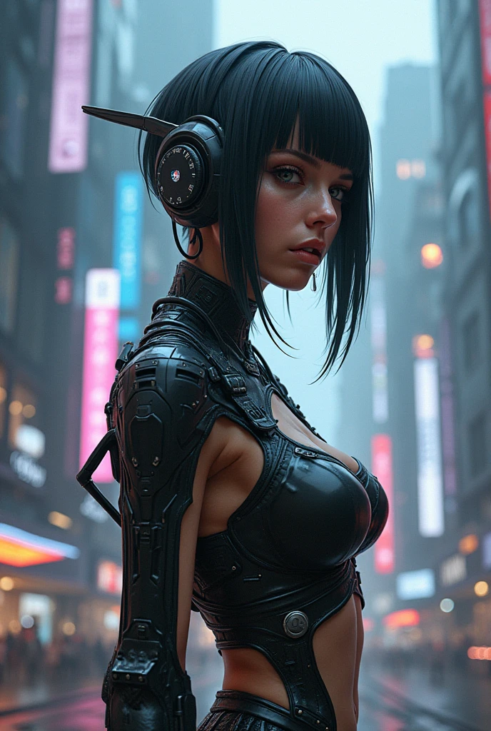 ((Masterpiece stunning Anime illustration)), ((extremely delicate and beautiful cybernetic girl, ((very long neon blue hair:1.2)), vibrant moonlight eyes, ((massive accentuated super huge enormously gigantic nude breasts and nipples exposed:1.2)), ((nude hairy pussy exposed:1.2)), tattoo sleeves and piercings)), ((highly detailed face)), ((mechanical limb, mechanical vertebrae)), ((mechanical cervical attaching to neck)), (wires and cables attaching to neck:1.2), ((mass of wires and cables on head)), ((wearing colorful Harajuku-inspired hip hop cyberpunk tech hooded tech jacket)), (squatting spreading her legs open, sexy seductive slutty pose, sexy seductive slutty horny orgasm facial expression:1.2), ((cowboy shot camera view from above)), (masterpiece), (((best quality))), ((ultra-detailed)), (highly detailed photorealistic CG illustration), cinematic lighting, science fiction, extremely detailed,colorful,highest detail, (((cyberpunk city background, (Blade Runner), futuristic Harajuku cyber city district))), NSFW