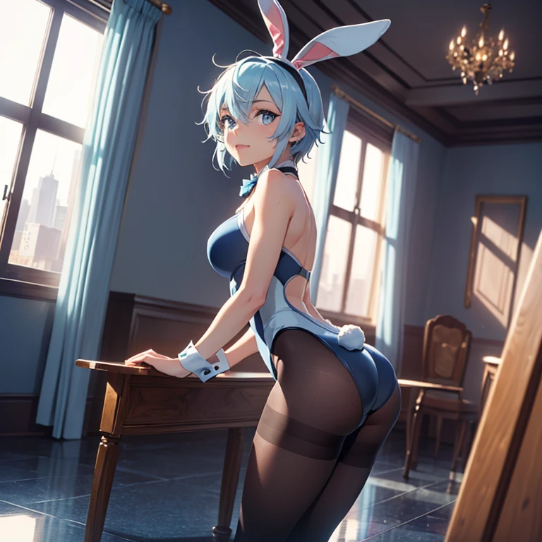 alone, score_9,score_8_up,score_7_up, anthro female eevee, wearing bunny suit, bunny ears, standing, back view, bare back, looking back, looking at viewer, indoors.