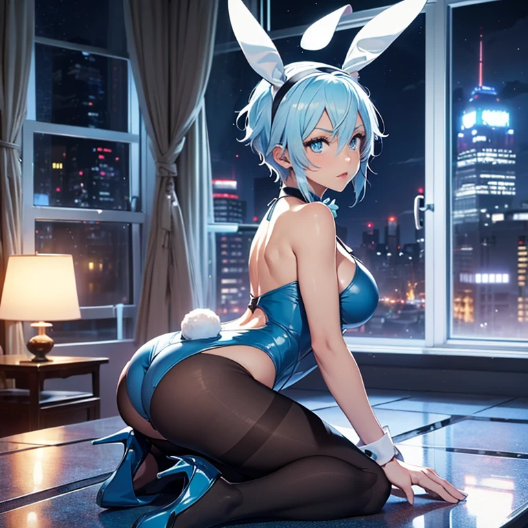 1girl, (solo), long hair, light blue hair, rabbit ears, blue eyes, smile, arrogant, big breasts, big tall, white crop top, deep neckline, white skirt, black boot, sitting on bed, window behind, japanese room, (night), (very sexy body, detailed face, detailed eyes, masterpiece, highly detailed, 8k, best quality, vibrant colors, digital art, concept art)