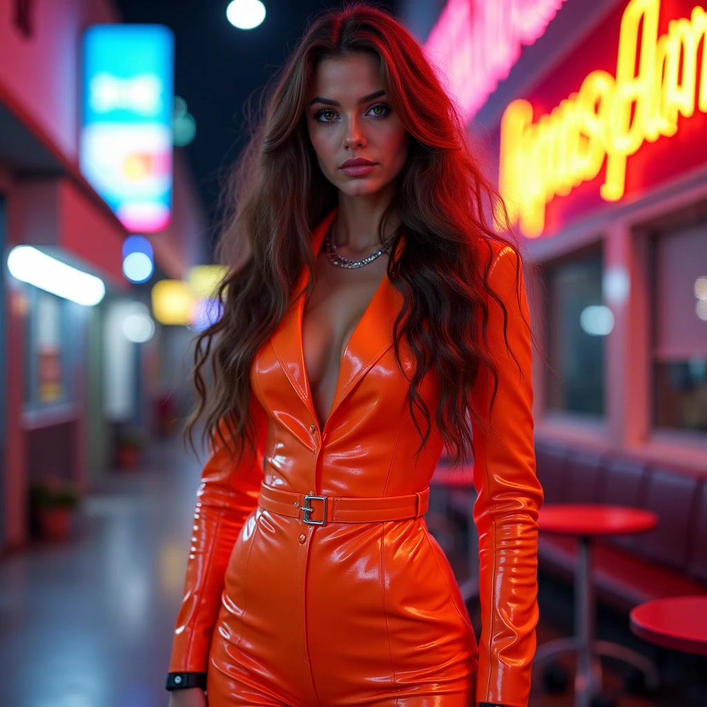 girl tattoo latex matte chromatic full chromatic CARAMEL latex mutant waitress robot zombie radical, frontal, belly thin waist, big breast, big ass, muscular thigh, white punk metal, clear 8k sharp background , alta definition, sharp details