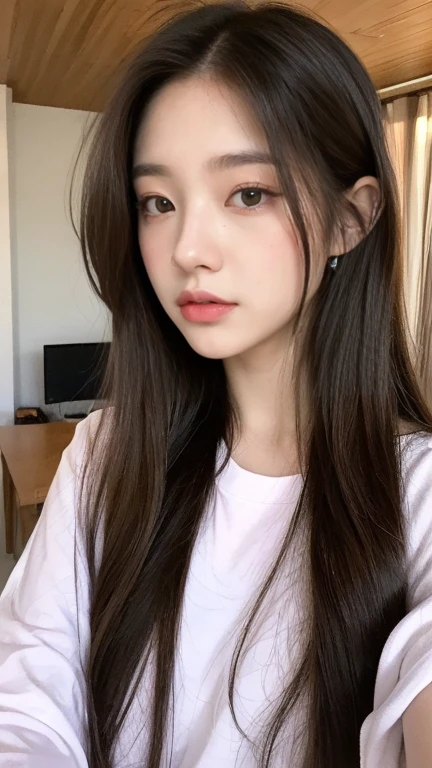 a close up of a woman with long hair wearing a white top, beautiful south korean woman, korean girl, gorgeous young korean woman, beautiful young korean woman, korean woman, chinese girl, anime girl in real life, beautiful asian girl, young adorable korean face, asian girl with long hair, white hime cut hairstyle, wan adorable korean face, beautiful japanese girls face