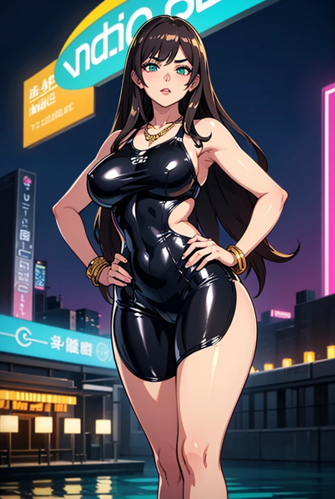 masterpiece, formal, (Mature women standing in a line sticking out towards the viewer:1.4), (Golden Bodycon, micro dress:1.2), (fine eyes, perfect face, face focus:1.2), (Shiny clothes that reflect light and are very wrinkled:1.2), Sparkling, Sparklingした金色, (hoop earrings), necklace, Fishnet tights, hair ornaments, latex, glowing skin, glamorous perfect female proportions, fine surface texture, evil smile, blush, (venue),brown hair,ponytail,sweaty,全身sweaty,big thighs,big breasts,big ass