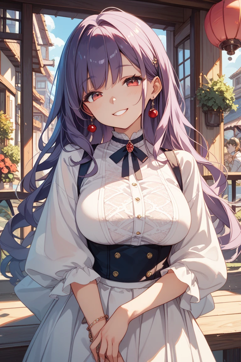 (Masterpiece,Highest quality,Best quality,Official Art,Aesthetics and aesthetics:1.2),(1 Girl:1.3),(Fractal Art:1.3),
solo, Athena 97,Features Red pantyhose,(Cleavage:1.3)(Off-the-shoulder outfit:1.3)
Purple Eyes,Purple Hair,Long white hair,Red Hairband,White high neck sweater,White puffy sleeves,Red pleated skirt,Yellow belt,Purple spherical necklace,Red fingerless gloves,Red open vest,
Star hair ornament,耳Nipple Ring,Middle blade,Short sleeve,Urban Background,
