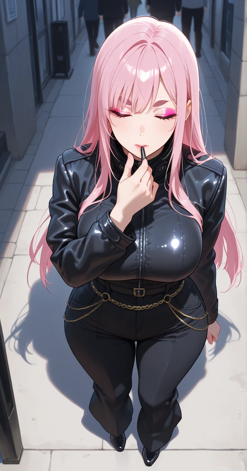 (masterpiece、top-quality、ultra-detailliert)、((1 girl))、((Pink hair twin tails))、light blue eyes、evilsmile、piercings、((very Bigger breasts))、black bodysuit、long-sleeve、leather、zipper、Cross your arms behind your head、Black long boots、squatting、open legs、Taken from below、((darkened room))、((Brick wall background))