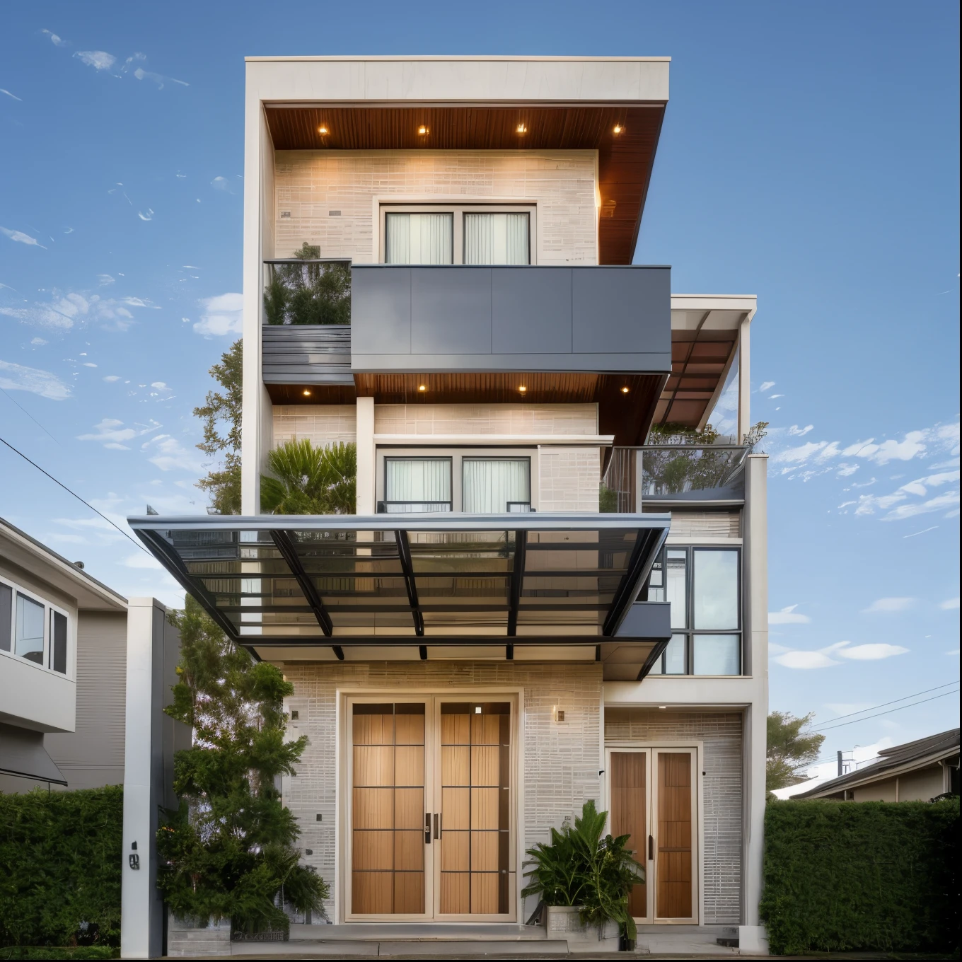 exterior of the house, Mable decorations, (canopy in front of house:1.4), (a street in front of the house:1.2), tree , sky, cloud, Morning weather.