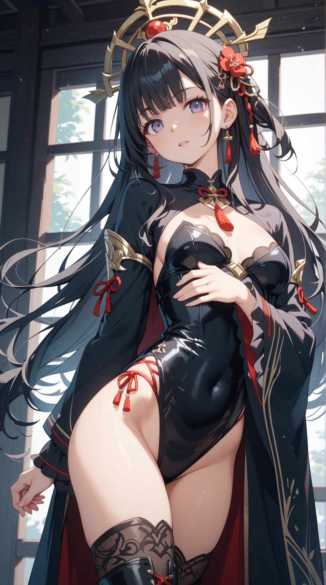 (tmasterpiece, Best quality at best: 1.2), ultra - detailed, highest details，Long black hair，Intellectual girl，Red cheongsam，Gold decoration，shy posture，Black colored eyes，
