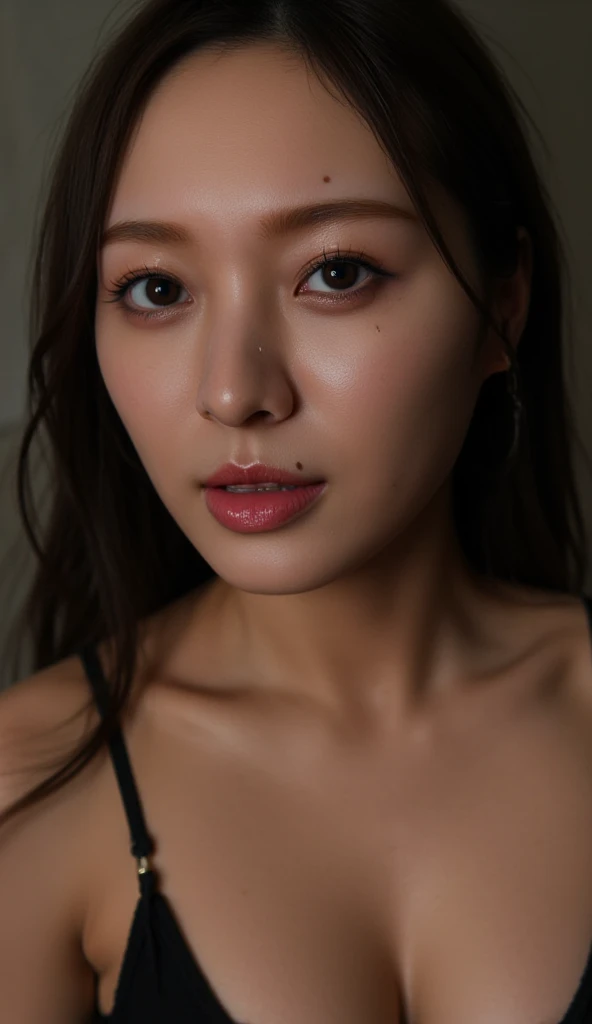 high resolution, Masterpiece, perfect Turning on, Bloom, evening, (cinematographic:0.9) Turning on, perfect skin, female, Luz outfit, (looking at the viewer:1.2),yangmi eyeliner, realist skin,beautiful face,realist eyes, perfect and detailed face,
realist, (photorealist:1.2),
session, ((View from above)),
mesh camisole, interior, darkness, small tongue with little light, short tongue, tongue out, licking lips, mouth wide open , naked , mujer naked , lovely , huge breasts , Vagina with pubic velvet, naked, sexy, mujer naked todo el cuerpo.
