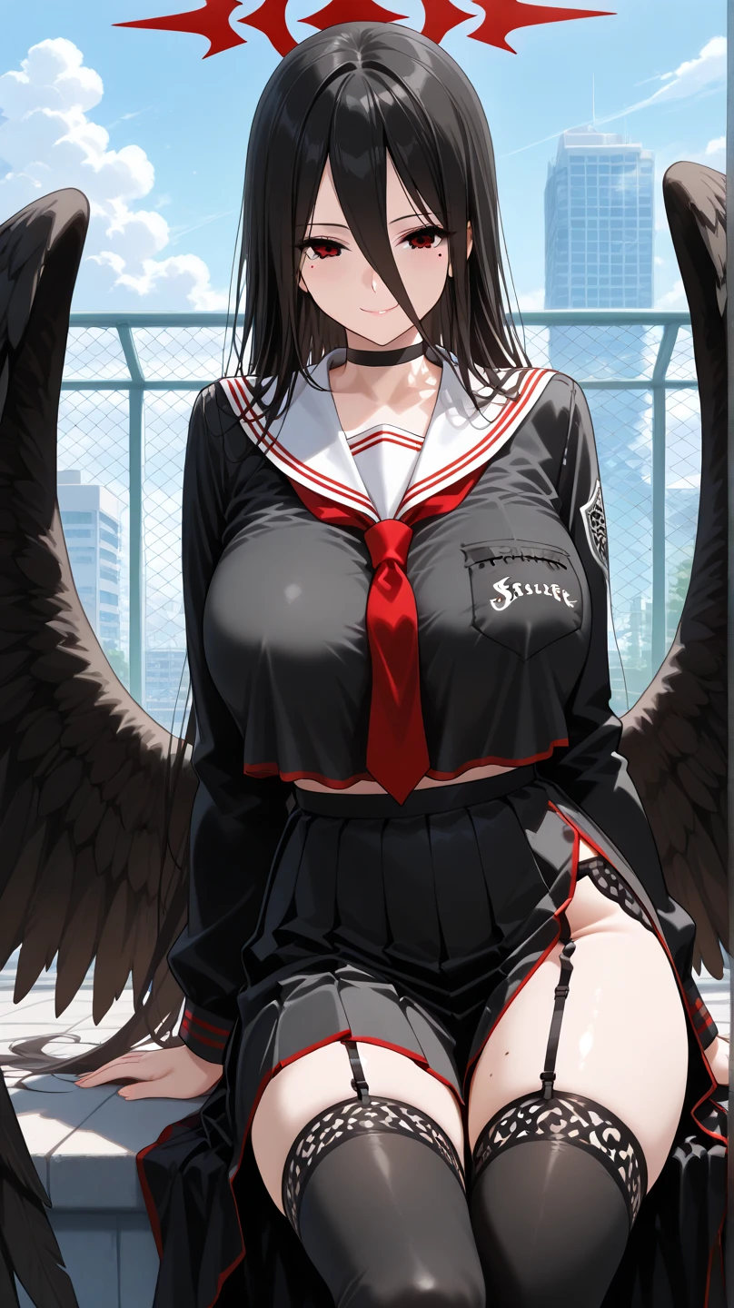 masterpiece, best quality, highres, adult female, al1, demon horns, slit pupils, black wings, feathered wings, low wings, (school uniform, pleated skirt), thong straps, white shirt, red ribbon, navel, sweat, <lora:albedo_(overlord)_v10:0.7>, looking at viewer, blush, school, classroom, <lora:add_detail:0.5>
