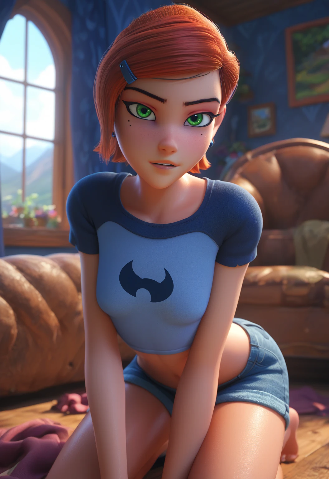 score_9,score_8_up,score_7_up BREAK Aprilfortnite,1girl,solo,brown hair,brown eyes,yellow pants,room,room background,cowboy shot, source_cartoon, toony, from above, looking on viewer, seductive smile, aroused, showing breasts, white bra, shy, sitting on sofa, bare shoulders, nude body,