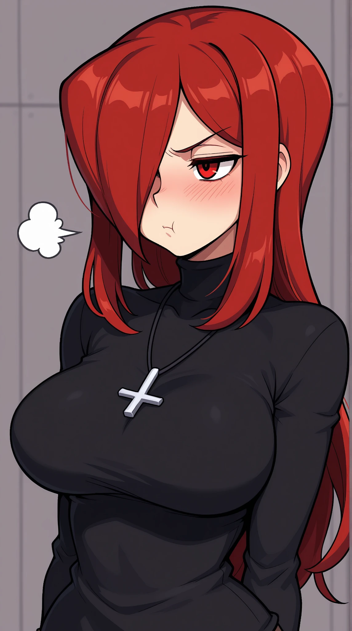 (denoise1.4) [young|old], open circle on croptop,, (hands pulling top open), (flat iris color 0.8), (red_eyes0.6), (strong_pointing_adult_female_jawline1.5), perky boobs, boob sweat, black_hair, (detailed_crisp_eyelashes0.6) , (crisp_eyebrows1.1), (blush:1.1), christain cross necklace, upper body, (open_diamond_clevage), (trembling), sweat, sweat_drop, heart, (speed lines:1.1), medium breasts, ((heavy breathing:1.1)), love, heart, concerned