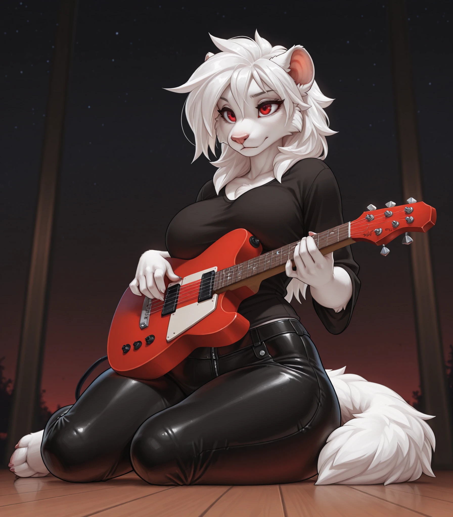 4k ultra quality, 4k full body view, masterpiece, best quality, anthro skaven with white fur, female, solo female, (smooth body), smooth body, messy white hair, leather pants, loose black shirt, red eyes, curvy modest hips, (full body), sitting on the floor, holding red guitar, dark night sky background