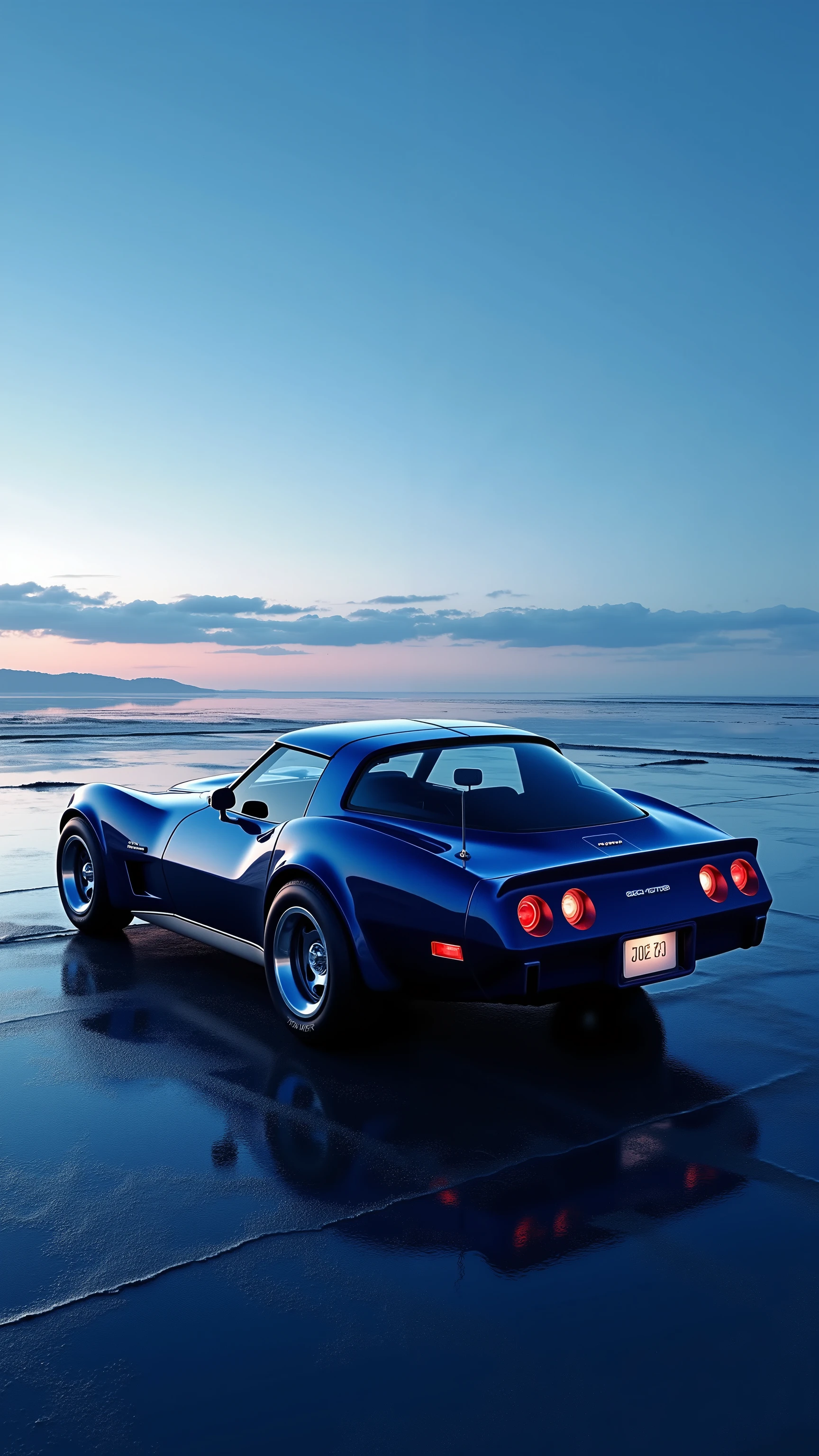 side view of a Chevrolet Corvette C3　glossy dark metallic blue reflecting the background 、 The blue of the sky at dawn、the coast making waves、is a fusion of the metallic blue of the car、fantastic、high-resolution downward,   number々award , masterpiece,  Precision，Detailed Expression，High quality 8K