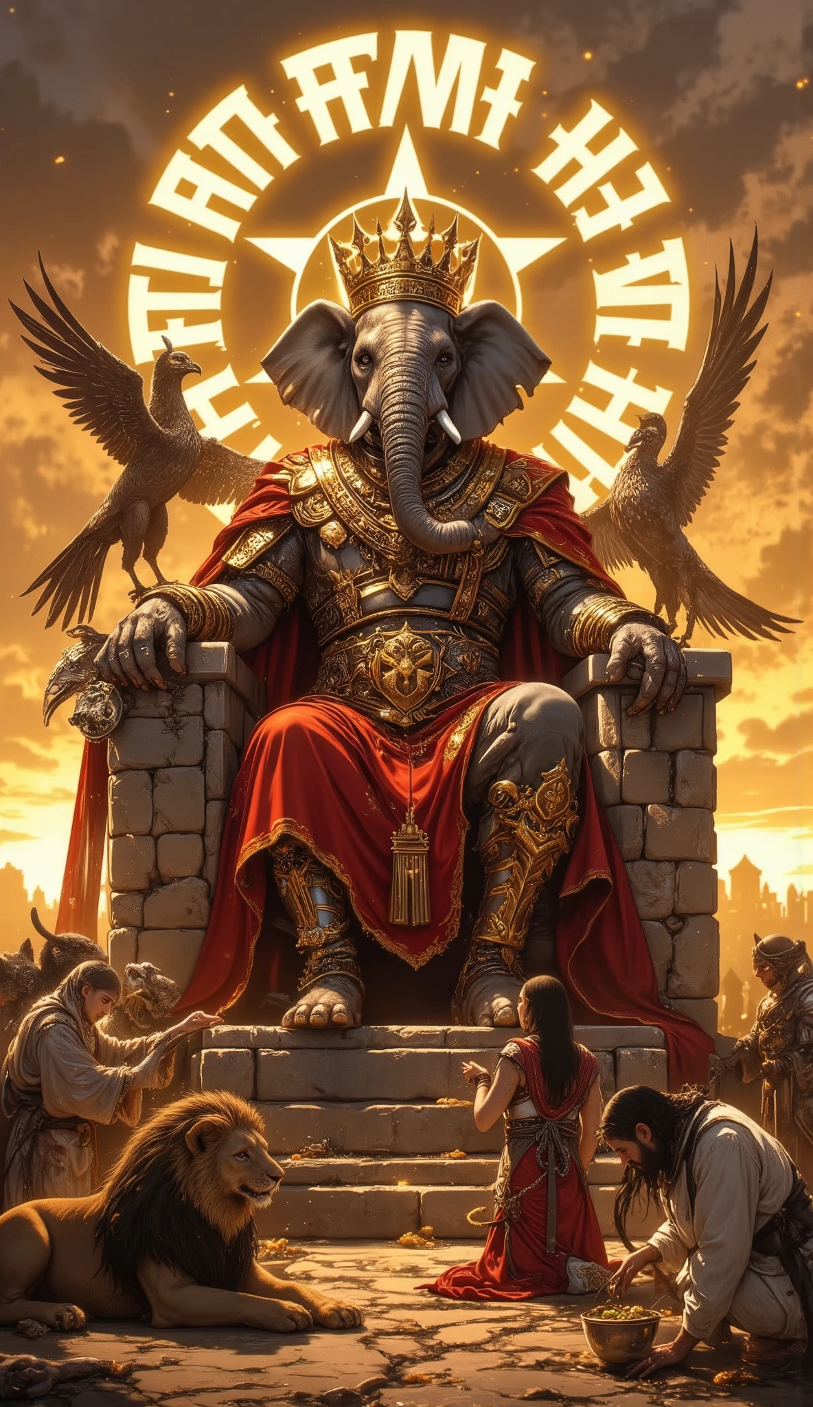 Elephant King Addressing the Animal Nations”
Epic vertical portrait of a majestic elephant wearing golden royal armor and a flowing cape, standing on a massive stone throne. Lions, eagles, and wolves bow before him while humans serve food and clean the ground. Sunset, golden dramatic light.