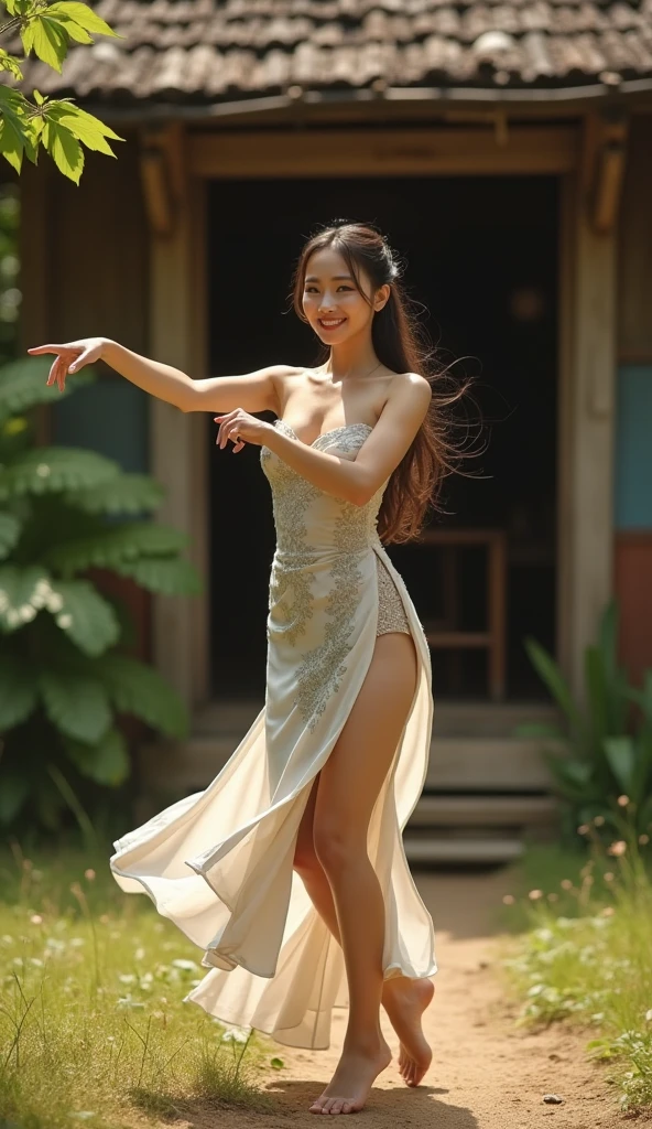 (((FULL BODY))) (((SHOW LEGS, FEET))). (((FULLY CLOTHED))) (((FULL COLOR))) (YOUNG) (28-year-old) (Extremely Beautiful Smiling Sweaty Tai woman dancing in a tropical palace garden ), long straight sandy black updo hair, red lips, in a sexy low cut lace, ((short)), Wear a dress made of colourful strings of light, (((8K, Ultra High Definition, Intricate details, hyper-realistic photo)))