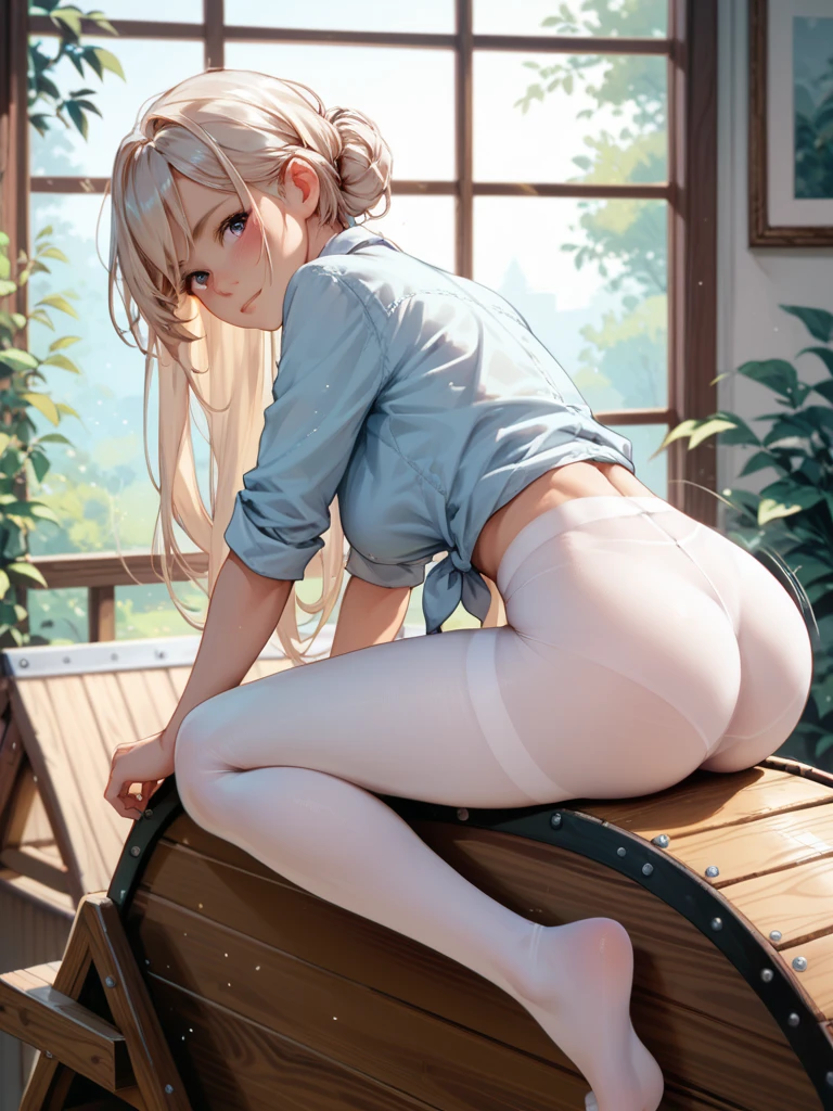 casual dress, 20-year-old, tilt the head, classroom, Realistic, Fantasy Art, 8K, masterpiece, highest quality, Beautiful expression, full body, 1girl, 1 Screen View, arched back, Keep hips forward, hands on floor, girl sitting, Sunburned skin, wet with sweat, Shiny natural skin texture, wet pussy, pale pussy, Fine eyes, detailed eyes, a little angry, lowered eyes, blush, nose blush, long hair, natural wave hair, white hair, flower hair ornament, (No underwear:1.5), (nsfw:1.2), (from below:1.1), (squatt:1.2), (see through:1.5), (puffynipple:1.1), (small-boob:1.2), (tiny titties:1.4), (puffy pussy lips:1.1), (Beautiful Face:1.3), (braid:0.7)		