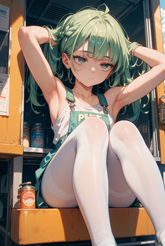 (flat:1.5),(cafe, window, sunlight, table, chair, sedentary:1.5) (big belly, arse, thick thighs:0.7), (warm light source:1.2), intricate details, volumetric lighting, Realism BREAK(masterpiece:1.2), (top quality), 4K, ultra detail, (Dynamic configuration:1.4), Very detailed and colorful details,(rainbow colors:1.2), (shining lights, atmospheric lighting), dreamy, magical, (alone:1.2), intricate details, cheeky expression, (normal size breasts), (greenish Hazel eyes), (wistful eyes, dark atmosphere:1.5), (green hair:1.5), (shirt, Small and tight shorts:1.5), feeling horny, (chubby, round belly), (beautiful eyes, flushing:1.5),(human ear,thin legs:1.5),(chair에 sedentary, diagonal shot:1.5), (embarrassing:1.5),(diagonal shot:1.5), wanting to masturbate, shorts unbuttoned