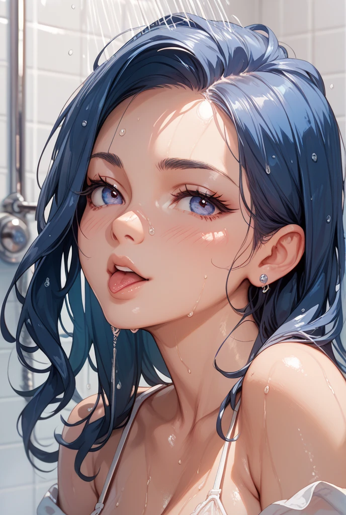 Nsfw,Masterpiece, raw,  beautiful art, professional artist, 8k, art style by sciamano240, very detailed face, very detailed hair, 1girl, perfectly drawn body, beautiful face, long hair, light blue hair , very detailed blue eyes, pouty lips , rosey cheeks, intricate details in eyes, seductive smile, looking directly at viewer , taking a shower, topless, nude, wet, sultry expression, wedding ring , lipstick, modern hotel setting, very close up on face, 