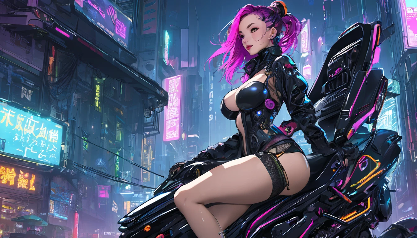 ((Best Quality)), ((Masterpiece)), (Detailed: 1.4), 3D, cyberpunk,shaved half head,half long hair neon color, a beautiful woman with big topless breasts,cyberpunk Ripperdoc with cybernetic limbs, with extremely sexy cosplay, thong, sideboob, glasses,tattoo,back view