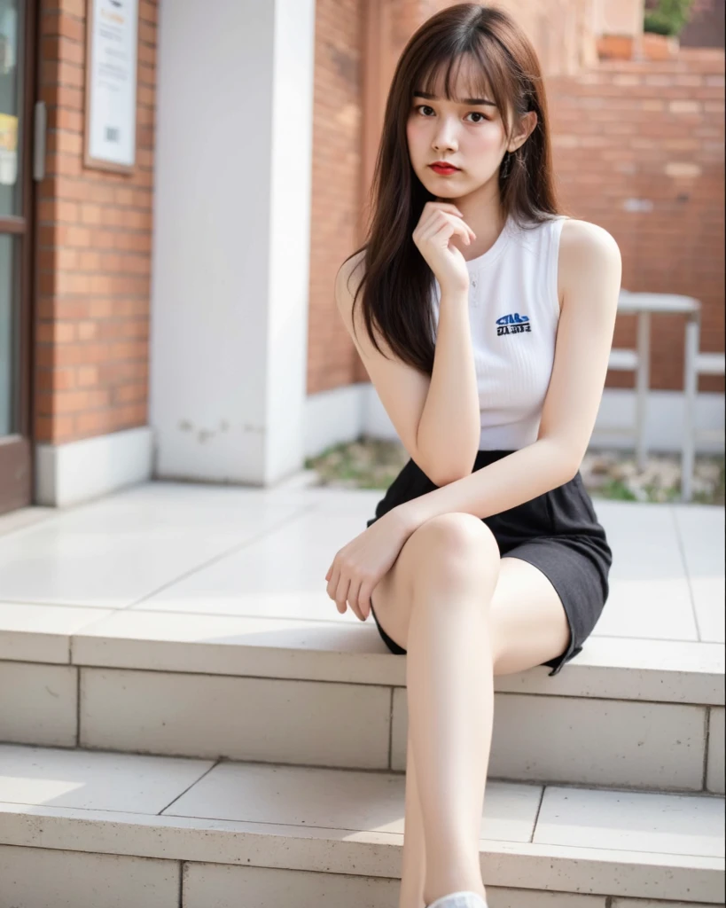 girl (masterpiece: 1.4), (8K, genuine, RAW photo, highest quality: 1.4), Japanese, (1 girl), beautiful face, (genuine Face: 1.4), (caramel hair, long hair: 1.3), hairstyle, genuineistic Eyes, beautiful detailed eyes, (genuine Skin: 1.3), beautiful skin, Charm, 超High resolution, Ultra genuineistic, High resolution, golden ratio, (detailed face: 1.4), (Anna Tanaka), (((skirt)), NAVY inner sports shorts, Pause (Bend knees and open legs), front