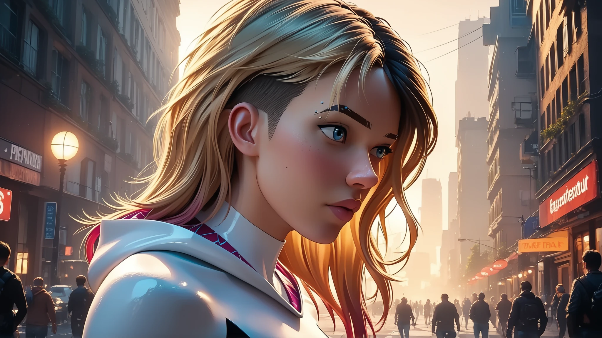 in the art of comic artist Alex Ross, ohwx woman as superhero spider gwen , character is depicted in a dynamic pose, The scene takes place in the hell, The scene is lit by soft, ambient lighting, casting a colorful glow across his figure and creating a cozy, atmospheric vibe, perfect anatomy, masterpiece, high quality, best quality, highres, aesthetic,