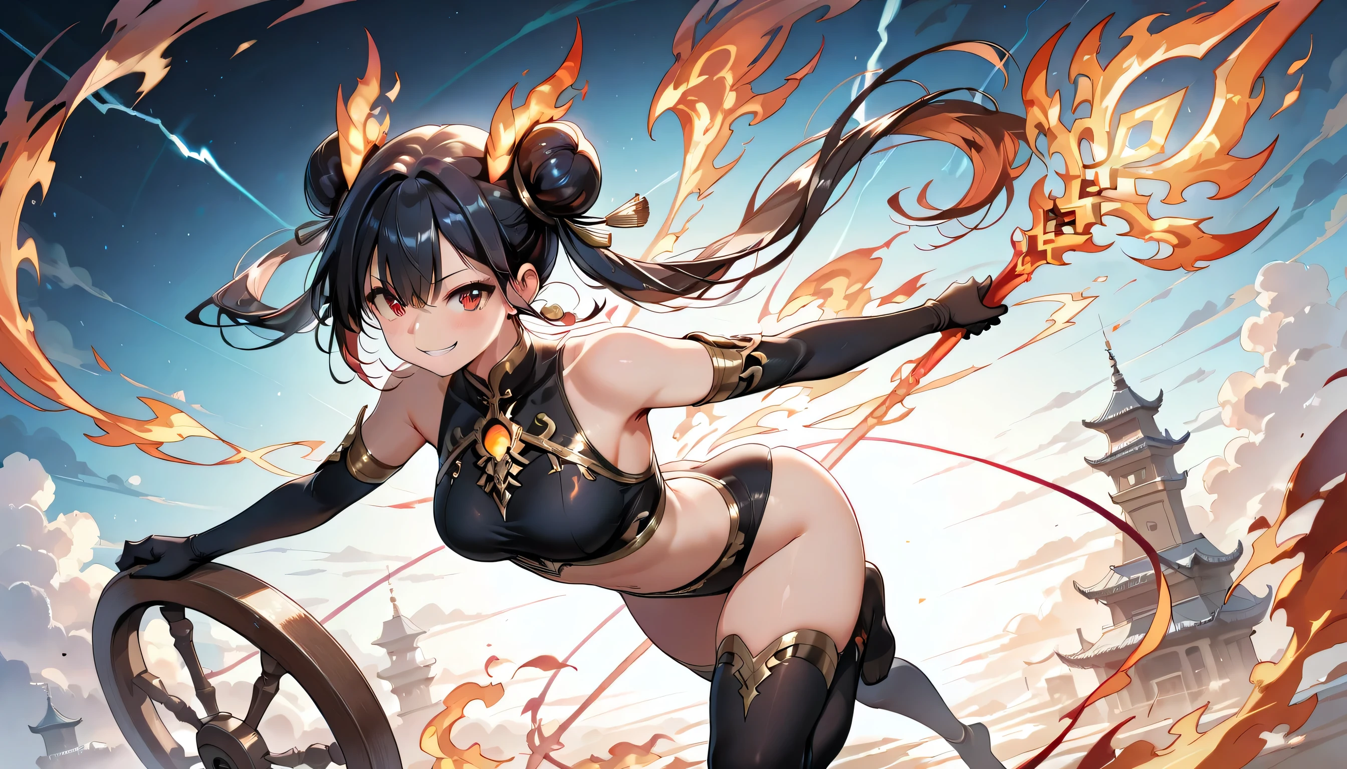 e7 ARavi, yellow eyes, red mark in forehead, black hair,  (low twintails coming from under the ears) with yellow ribbons, small breasts,  black small bull horns,  (long red chinese tabard), black sorts, nothing under the tabard, naked under tabard,
(masterpiece),  best quality, highres, 4k, 8k, Detailed Illustration, intricate detail, cinematic lighting, amazing quality, 1girl, fit female, amazing shading, soft lighting, facing camera, perfect eyes,