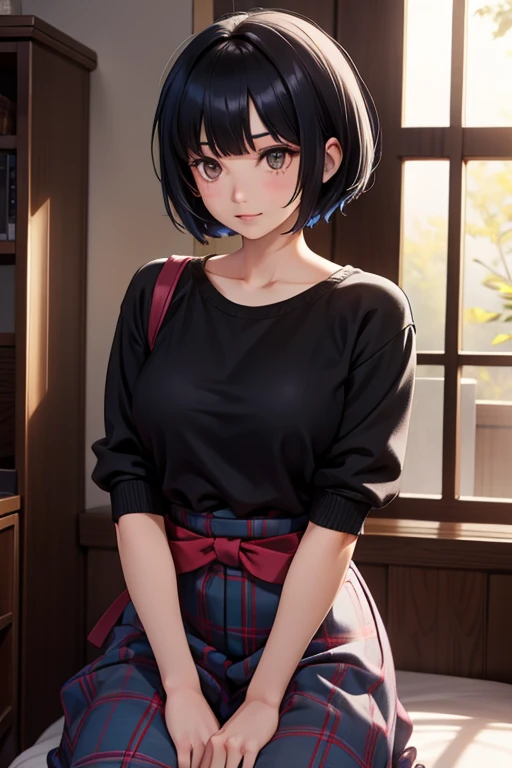 A beautiful young woman with blue shirt hair, standing in a cozy room filled with indoor plants, confident expression, 18 years old, high detailed, semi-realistic, masterpiece, 8k, photorealistic, cinematic lighting, elegant anime girl, cosplay, Hoshimachi Suisei, Hololive, Vtuber, Wear Jacket and skirt, small breast, Drink Apple juice, oversize jacket
