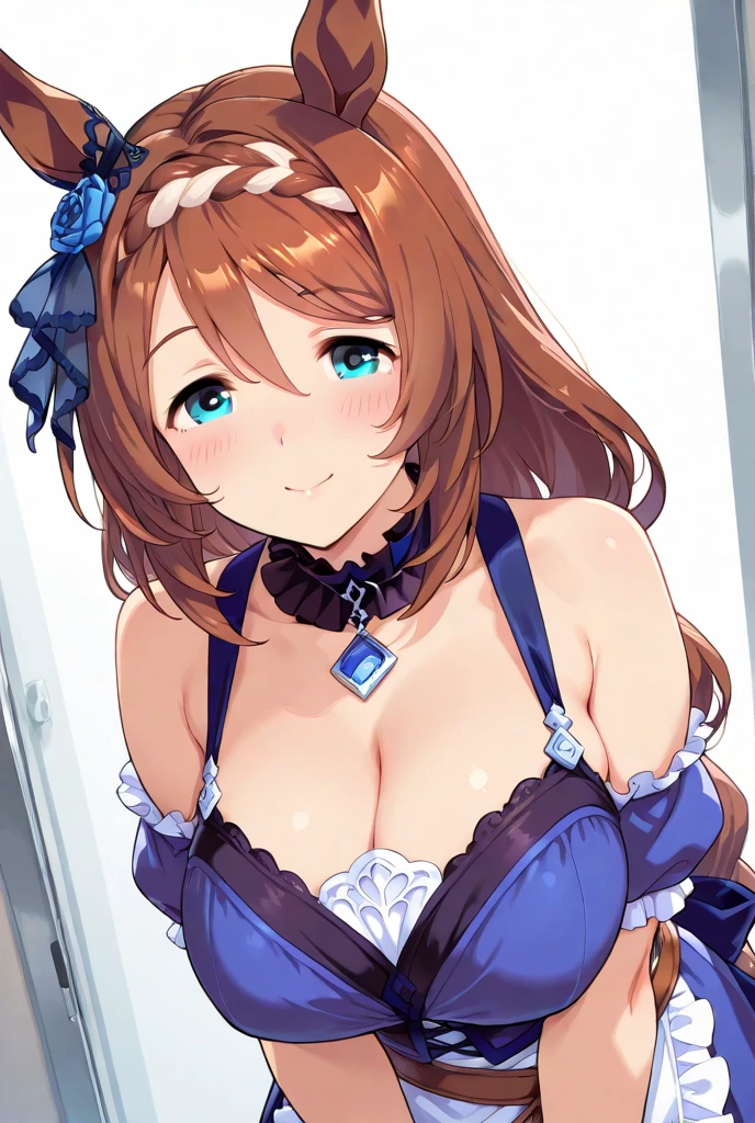 Satono Diamond,Umamusume,horse ears, Uma Musume ,cowboy shot,horse tail,green ribbon,hair between eyes,brown hair, very long hair, spread hair, french braid,brown eyes, princess cut, white skin, big breasts,thin waist,perfect legs,shiny skin, ,light blue panties,light blue bra,spread legs,,((nsfw))