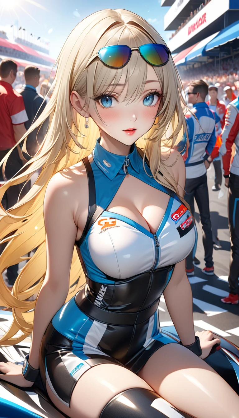 One girl, gorgeous dance, idol, bewitching dance beautiful, intense movement. Girl (cute, smiling, blonde, twin-tail, big tits, fashionable). Stage (idol, glamorous, blue sky).