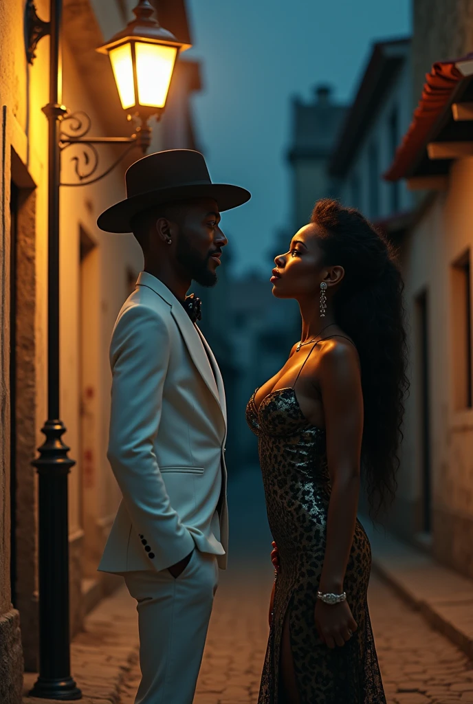 Make an image of two Umbanda entities, Black Joe and Mary Razor. Do both together on a dark, starry night. Mr. Zé Pretinho wears a black suit, black hat and red tie.Dona Maria Navalha also wears a black and red suit