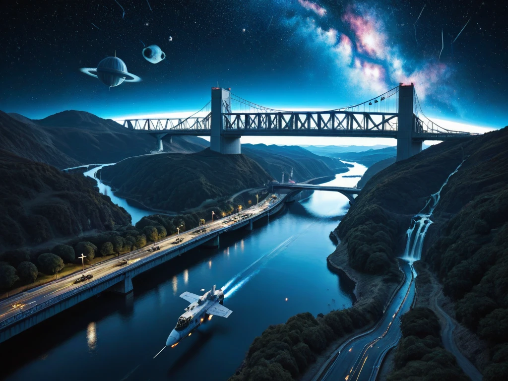 Space But Rivers Space station bridge over a large river - SeaArt AI
