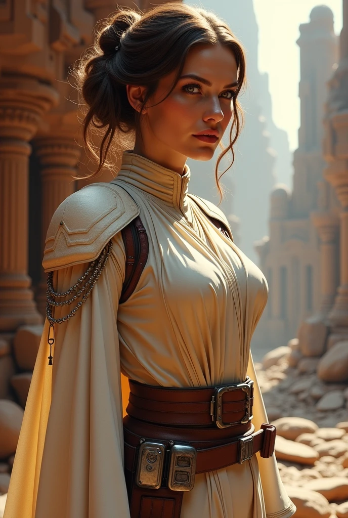 An illustrated movie poster, hand-drawn, full color, a age Jedi, 18-years-old, female, wearing a tunic dress, athletic hourglass figure, busty bosoms, full wide hips, massive round butt, long shapely legs, ridiculously thick powerful thighs, amber eyes, dark hair, messy bob cut, tan complexion, resembles Mary Elizabeth Winstead, standing above Coruscant, graphite shading, stencil marks, airbrushed acrylic paint, masterpiece