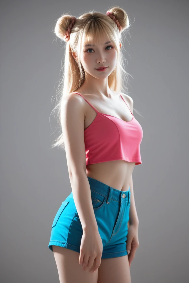one person、in one person、A 17-year-old high school girl poses for a photo in a short navy blue T-shirt、I can see the navel、victory、Tsundere、Saucy、red mini skirt、anger、small、slim girl model photo、body:female model、blonde、twin tails、Japanese female fashion model、(8K、Raw photo、best image quality、masterpiece:1.2)、(genuine、photogenuineistic:1.37)、ultra high resolution、ultra high resolution、Standing position、whole body、((((sexy)))、Light blue wall、Shapely small breasts、naked、tits