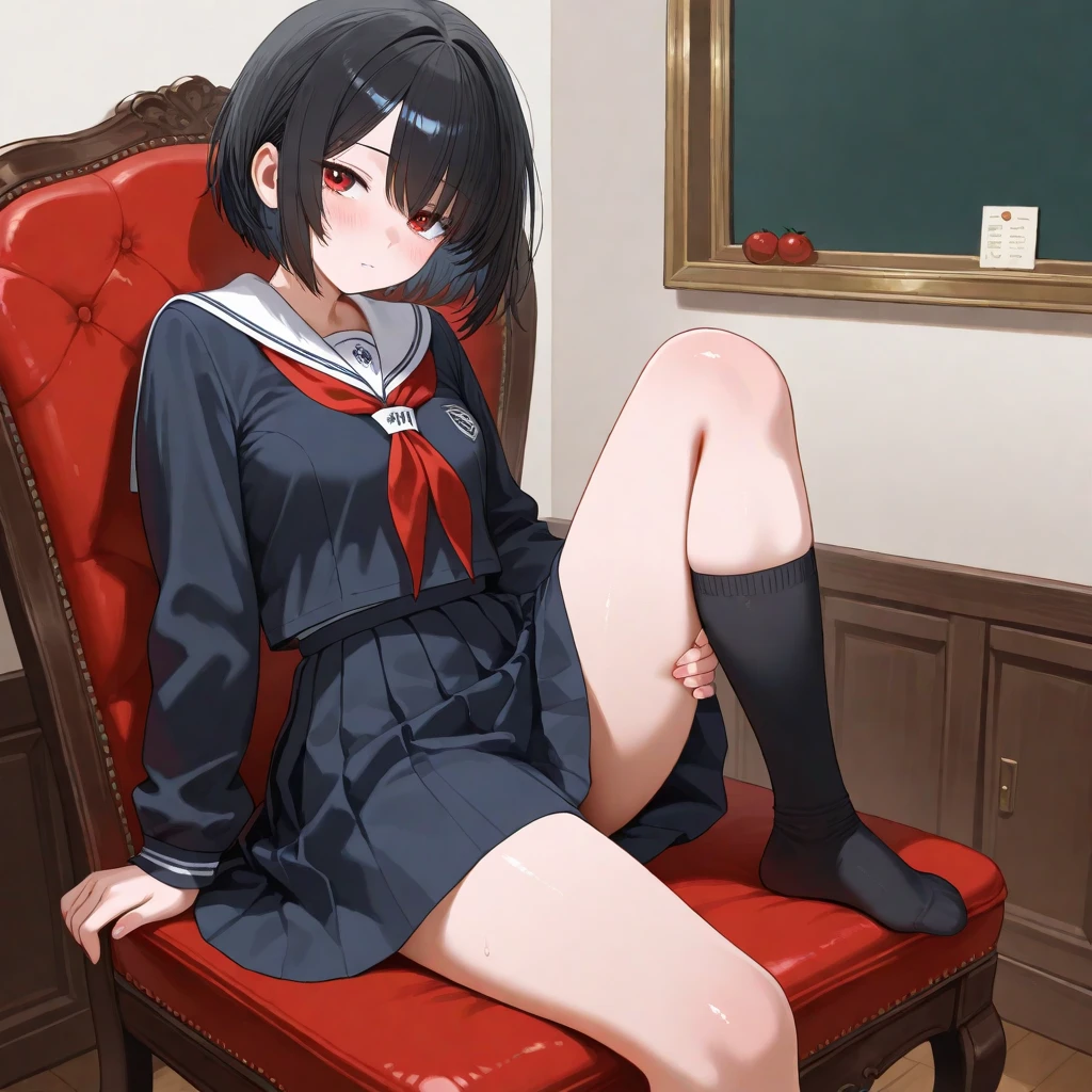 (((1girl))), ((best quality)), ((masterpiece)), ((ultra-detailed)), (illustration), (detailed light), (an extremely delicate and beautiful), (beautiful detailed eyes), (sunlight), ((extremely light)), ((extremely clothes)), (((hyper detail))), (((extremely high resolution))),
(((typical school blazer and a brief pleated skirt))),
high school girl,
wavy medium hair, ((((dark brown hair)))), (((long length hair))),
(((dark orange eyes))),
(((whole body))), aged 12 to 16
(((condescending expression))), (mischievous smile with sexual satisfaction), (((extra adorable))), (((extra slender shape))),
(((extremely beautiful detailed face))),
(((sitting on the sofa lifting her skirt up))), (((((Dutch angle))))),
((exposed pale pink dot silk panties)), ((())),
(((extremely thin thighs))), (((white ankle socks)))