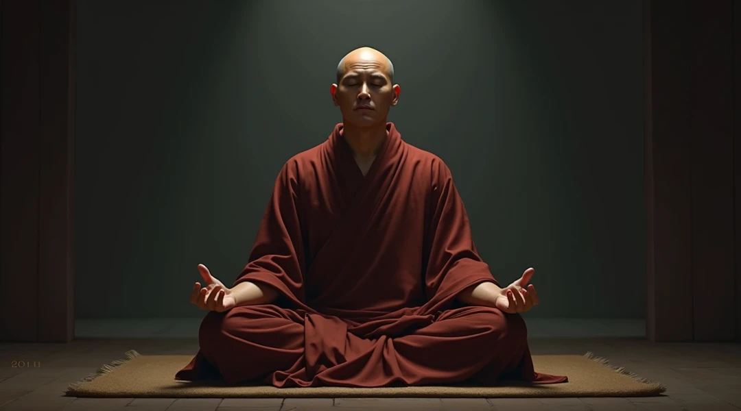 photo of a Shaolin monk meditating inside a Chinese temple, the monk is wearing a traditional orange shaolin robe, he is meditating on the floor, image with bright and striking colors