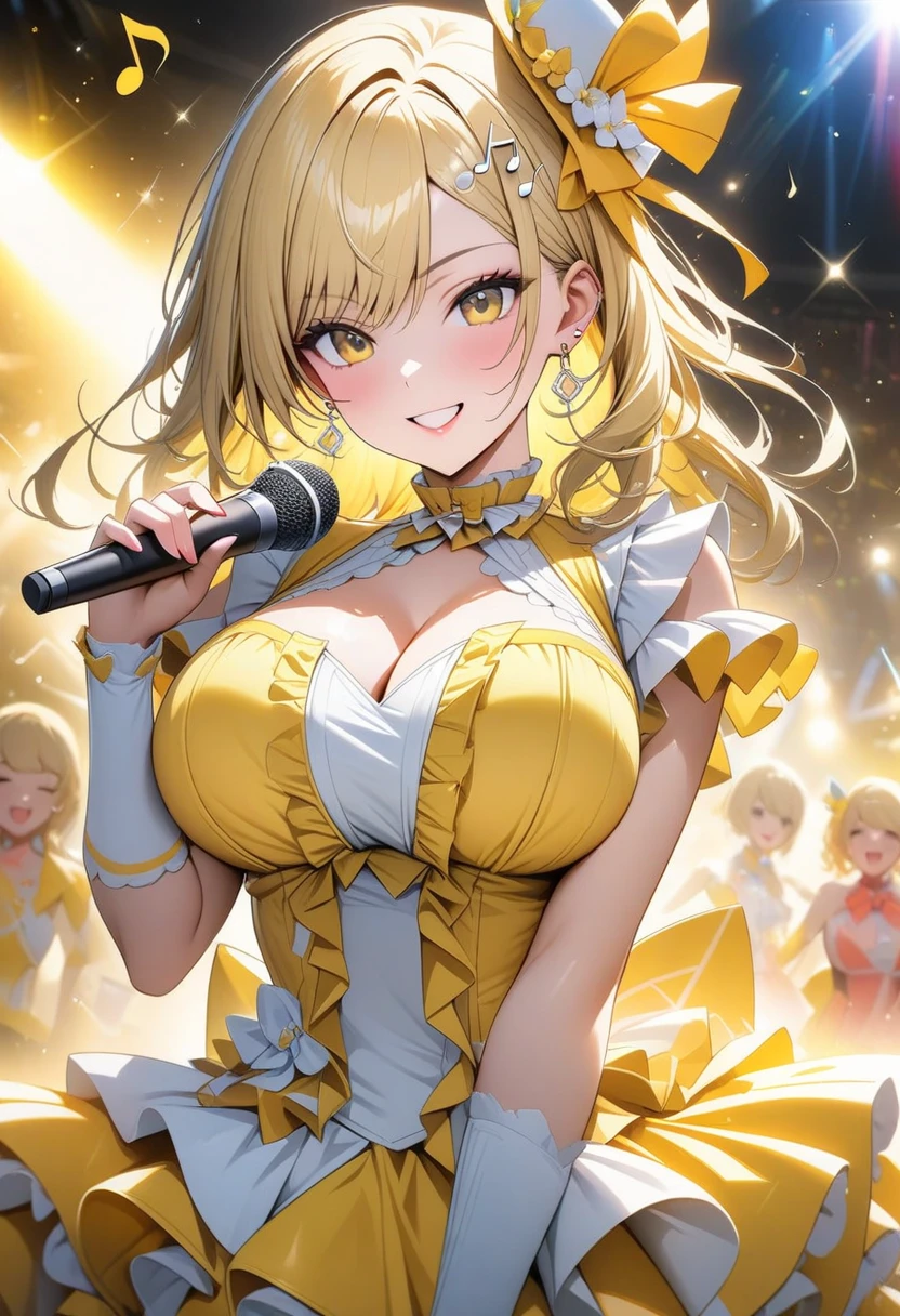masutepiece, High resolution, 8K, anime woman, Delicate and detailed writing 、Detailed digital illustration、Short hair、perm、Shiny hair、Bangs、a very beautiful woman、Eyes are double, Large, Bust is D cup、High image quality, High quality、Detailed background、(((Wearing idol clothes)))、((Glittering live stage backdrop))、The inside of the eye shines like a diamond、Light yellow hair、Gradient pupil、(((2 arms、4 fingers, 1 thumb)))、Detailed female face、Very beautiful and cute woman、、细致背景、​masterpiece、Soft Focus , Bright gradient watercolor , Lens Flare , (((Glitter))) , Glow , Dreamy , (((Holding a glitter microphone in your hand)))、a miniskirt、Nothing at hand、Idol、Yellow Ribbon、Very beautiful yellow rose hair accessories、Yellow and white costume、Photos of Do-Up
