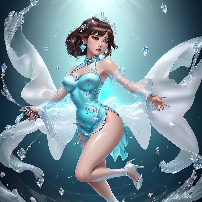 ((full body)), (((head to toe))), beautiful blushing slender Bride of water with chignon bronze hair, against water splash background, water brassiere, loincloth, aquamarine necklace, aquamarine tiara, water veil, (((American comic style with dark contours))), (((art by J. Scott Campbell)))