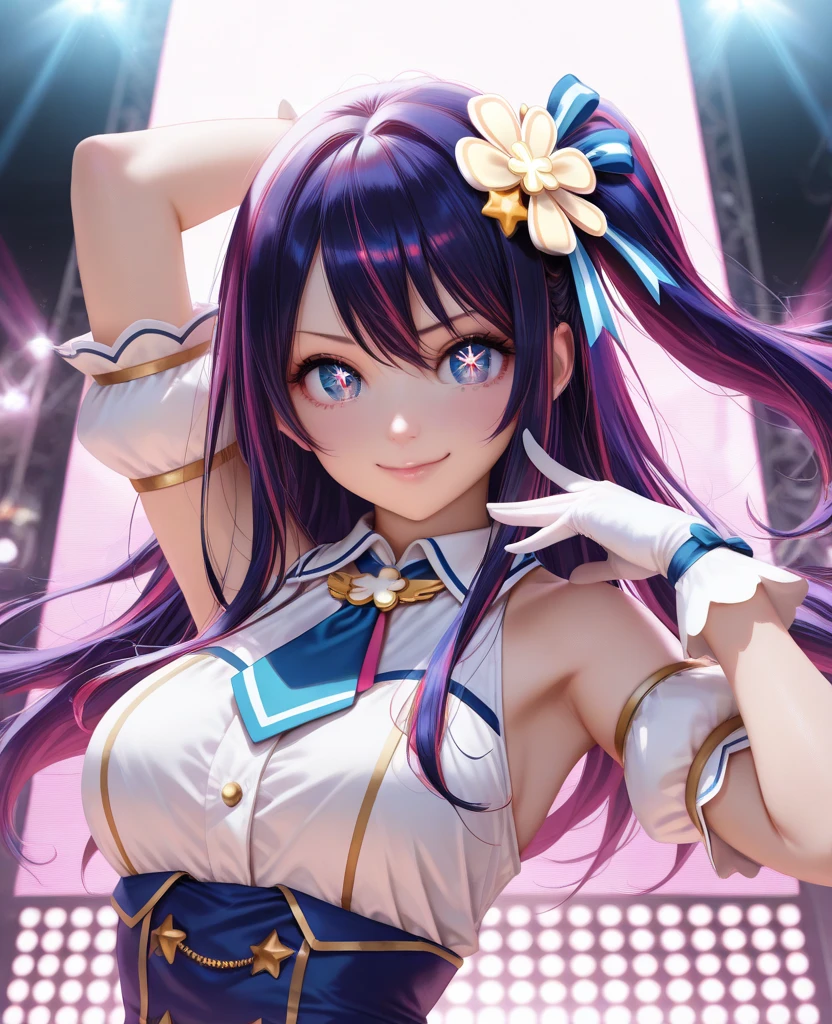 Highest quality、High resolution、Detailed Background、(Beautiful face in every detail:1.4)、Anatomically correct、(Normal number of fingers:1.2)、(Highly detailed face)、Detailed eyes、Teenage beauty、Perfect body line、Brightly colored hair、Braided bob cut、ponytail、cute hairstyle、well-groomed eyebrows、Gorgeous stage、Cuteness and glamour、Idol-like atmosphere、A big smile、
A cosplay-style sailor uniform in vibrant colors、No sleeve、ribbon、Vibrant、Cute gestures、
(Beautiful idol girl dancing on stage:1.5)、
To rhythmic music、Perform a light dance、Sparkling and shining costumes、And a captivating performance that captivates the audience、
Their performances are truly dazzling as they capture the hearts of the audience.、The scene was filled with the sparkle and charm that only idols can have.、Idol Style、Attractive thighs、Show your side、cute
