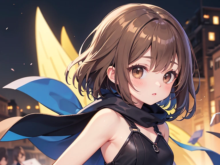 ((Best quality)), ((Masterpiece)), ((Ultra-detailed)), (illustration), (Detailed light), (An extremely delicate and beautiful),Dramatic perspective,A charming young girl,Short brown hair,Brown pupils,Lace pantyhose,scythe,Left eye butterfly ornament,themoon,the night