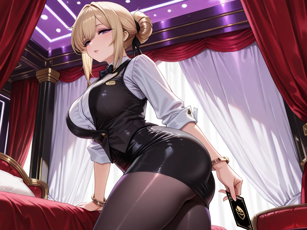 1girl, utsushimi kemii, boku no hero academia \\\\\ masterpiece, best quality, very aesthetic, absurdres, newest \\\\\\ slim body,///// ,by nyantcha,cutesexyrobutts , by khyle,,////// beautiful face,  light brown hair  ,plump and glossy lips, . , looking at viewer, close-up, dark brown eyes,, cap,  black catsuit with a zipper running down the middle, left slightly down to reveal her cleavage. She wears white cuffs around her wrists,,standing, white background, back view
