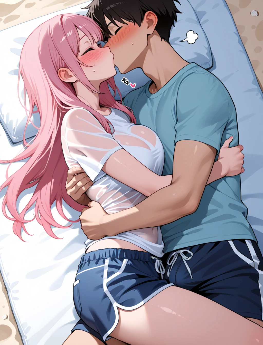 One Woman、One boy、One Shota、private teacher、Big Breasts、Pink Hair、long hair、Ahoge、Kind older sister、Pink Glasses、Green Eyes、Smile、naked、Light pink small nipples、Bedroom、On the bed、Droopy eyes、A woman finds a boy、Missionary sex while hugging、The woman has her eyes open and the boy has his eyes closed