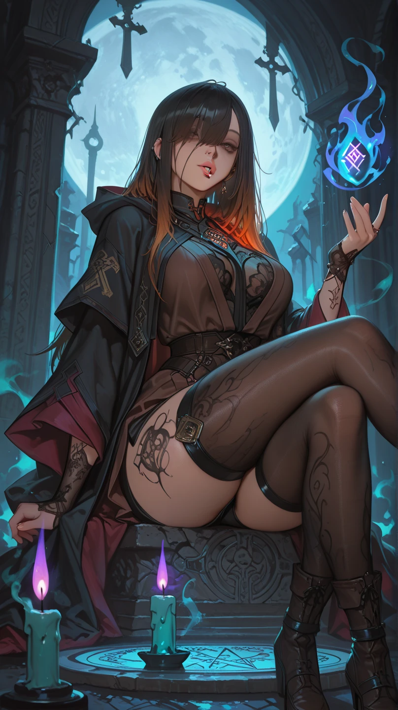 ((best quality)), ((masterpiece)), (detailed), 1girl, NSFW, small breasts, prominent collarbones, skinny arms, flat stomach, visible hip bones, long hair, ponytail, thick ponytail, heavy ponytail, red and white clothing, full body, whole body, body, NSFW, full body, whole body, head-to-toe NSFW, Bloodborne inspired, occult aesthetic, occult, detailed and intricate steampunk and detailed gothic