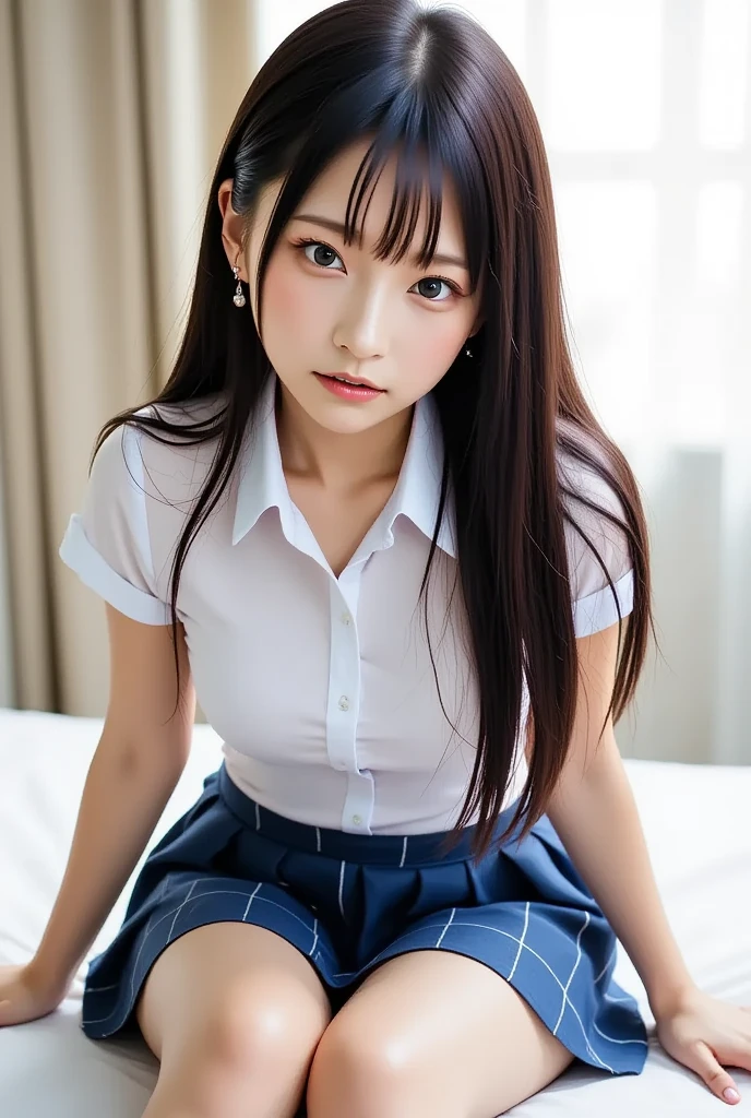 (Raw photography、top-quality)、femele(masterpiece:1.4)、(8K、realisitic、Raw photo、top-quality:1.4)、japanes、(1girl in)、beauitful face、(Real Face:1.4)、(Caramel hair、Bob Hair Hair:1.3)、Beautiful hairstyle、realisticeyes、Beautiful Detail Eye、(Real Skin:1.3)、Beautiful skin、enticing、超A high resolution、A hyper-realistic、high-detail、the golden ratio、(详细的脸:1.4)、high-school uniform、Cotton white underwear and plaid skirt、NSFW、 (showing the panty)、realisitic、Photorealsitic:1.3)、top-quality、masterpiece、extremely delicate and beautiful、A highly detailed、nffsw、A sense of unity、2k wallpaper、magnifica、Beautiful in every detail、masterpiece、浅笑、top-quality、Highly detailed ticker Unity 8K wallpapers、huge filesize、ultra-detailliert、hight resolution、ighly detailed、Slim body、A slender、(Bob Hair Hair)、(brown haired)、looking at viewert、Normal、C Cup、NSFW、、、、PureFace_v1:0.8. High School Girl、shortsleeves、White Short Sleeve Cutter Shirt、plaid skirts、Panties are perfectly visible from the skirt、When photographed from behind a girl climbing stairs、Looks full of panties、The girl turns around with a shy look、The skirt of a girl climbing the stairs is、when viewed from below, It looks completely panty-free、The panties in the skirt are fully visible、It is important that the panties are visible、white panties、Image to NSFW、Girl's back view、Girl looks back、You can see the panties from below、