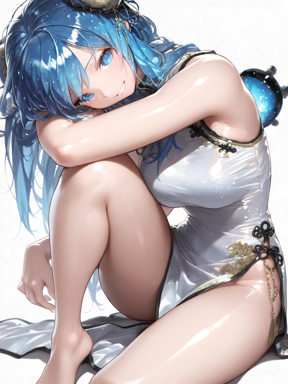 (((Masterpiece))),(((best quality))),((Ultra Detail)),(Clarity),Angel Maiden,Wear revealing clothing,White long straight hair,Wearing a collar around the neck,Charming long legs
