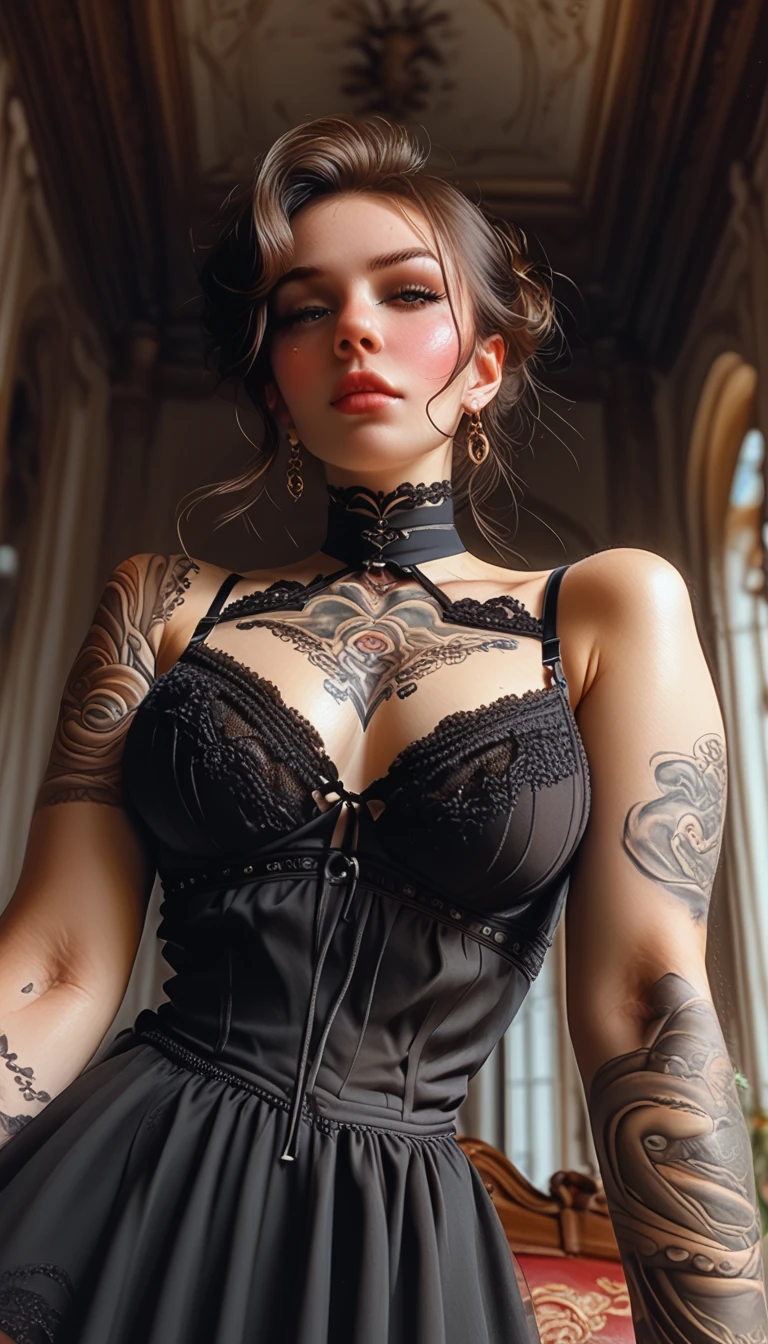 (Extremely detailed 8k wallpaper), a mid shot photo of a sexy female vampire, long intricate leather dress, complex, highly detailed, and dramatic, sexy human female