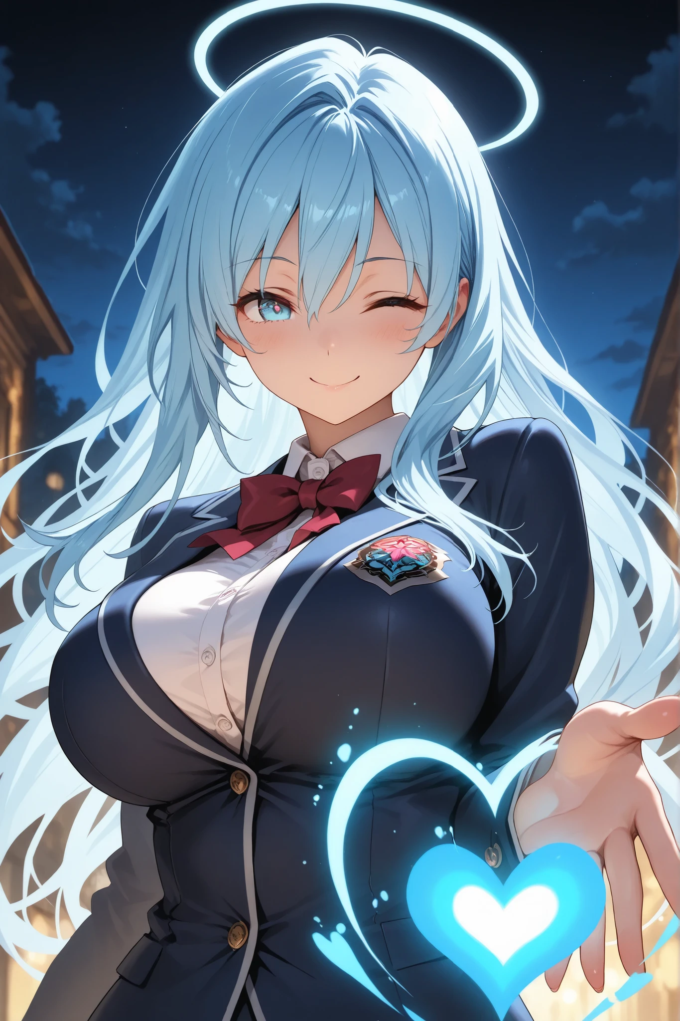 masterpiece,amazing quality,best quality,ultra-detailed,8K,illustration,CG,1girl,blue hair,long hair, light blue eyes,smile,large bust, night,blazer,one eye closed,energy heart marc