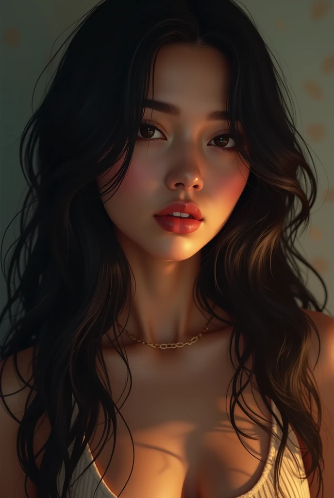 Young girl brunette long black hair thick lips slightly snouted nose very cute sexy clothes