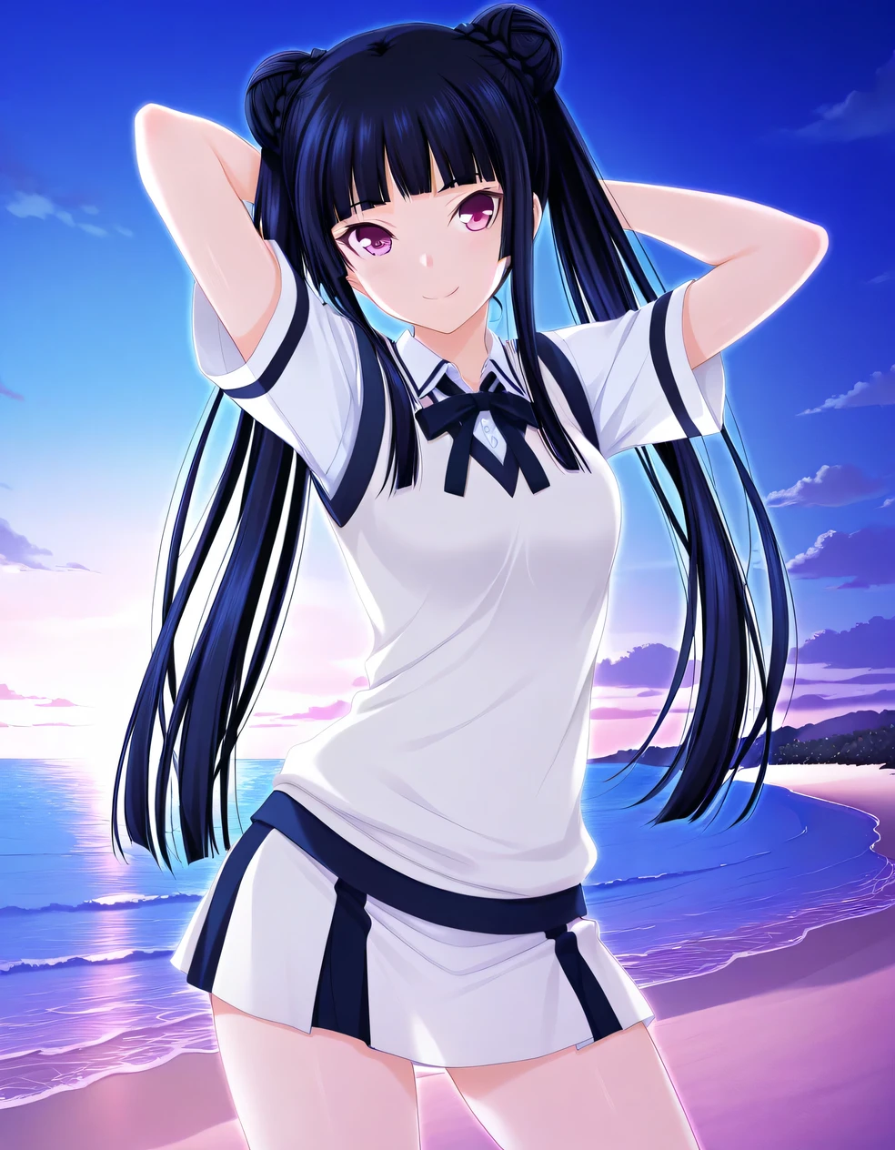 fushikawa kokoro, black hair, double bun, blunt bangs, twintails, pink eyes, school uniform, short sleeves, white sweater vest, white shirt, white skirt, neck ribbon, black ribbon, game screencap, high quality, solo, night sky, beach, hands behind head, ((contrapposto)), closed mouth, cowboy shot, looking at viewer, smile, best quality
