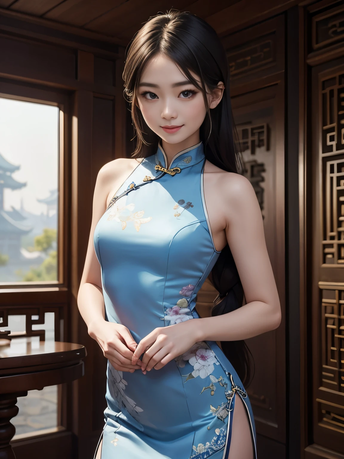 Surrealism, retina, masterpiece, accurate, anatomically correct, super detail, best quality, 8k, extremely precise in every detail, beautiful detailed glow, beautiful attention to detail, One Chinese girl in a blue Cheongsam dress stands in a ancient Chinese palace, long brown single braid hair, silver Crystal eyes, flat chest like a boy, holds a fan, slender body, smiling